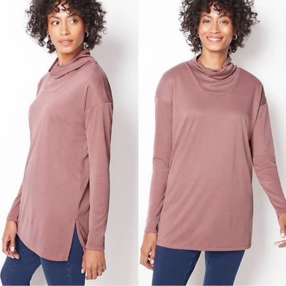 🪿Pure Jill Mauve Ribbed Knit Cowl Neck Oversized Long Tunic Lagen-look Top! - Picture 1 of 10